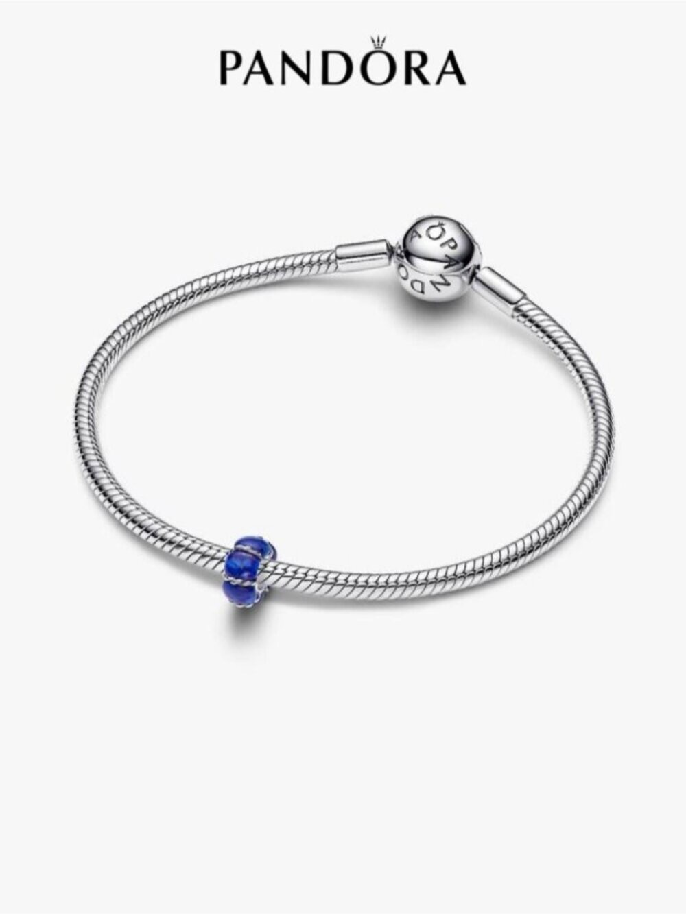 Pandora Silver Snake Chain Bracelet with Cobalt Blue Murano Charm
